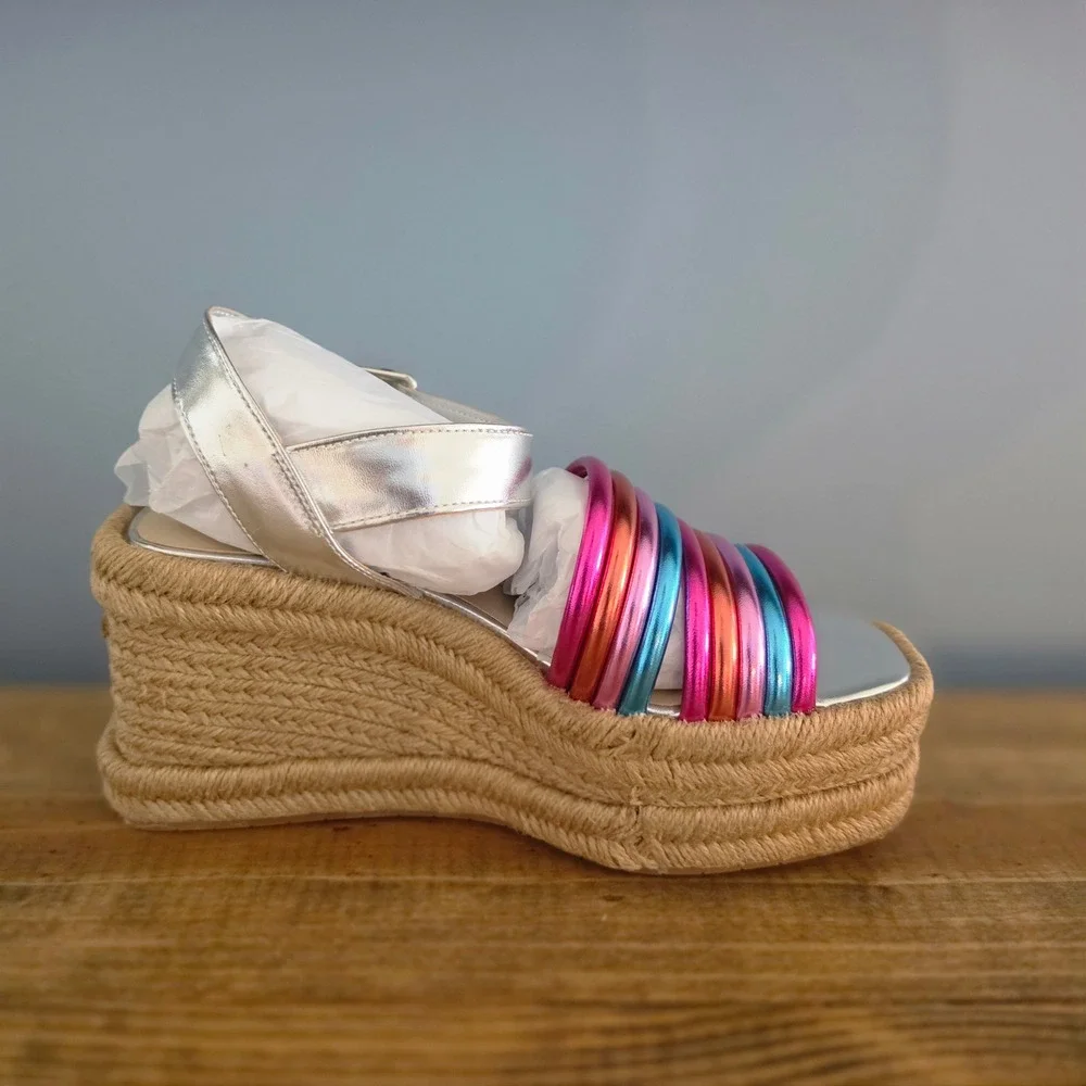 Kenneth Cole Womens Platform Wedge Sandals Silver Multi Metallic Espadrille 5.5M